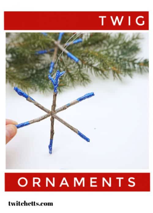 Create beautifully dipped twig snowflake ornaments using sticks from your yard! This is a great handmade ornament that kids can help create. #snowflakeornament #twigornament #twigsnowflake #christmasornaments #kidscrafts #christmascraft #classroomcraft #nature #giftsfromkids #twitchetts