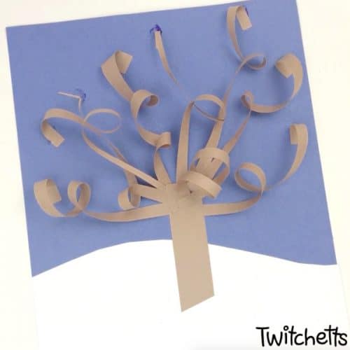 A 3D Winter Tree Craft that will make people say wow! It's an easy paper craft that is perfect for kids of all ages. #wintertree #wintercraft #constructionpaper #3dpapercraft #papertree #twitchetts