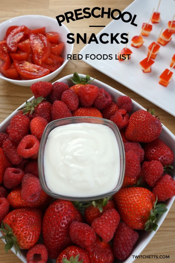 Red snacks for preschool. Learn about the color red, add it to a rainbow birthday party, or celebrate holidays like Valentines Day, 4th of July, or Canada Day. #twitchetts