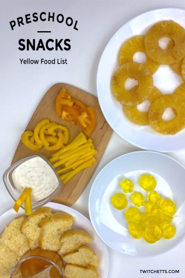 Looking for yummy yellow snacks for preschool? This collection of kid-friendly foods that are yellow in color are perfect for a classroom, party, or just a fun afternoon snack! #twitchetts