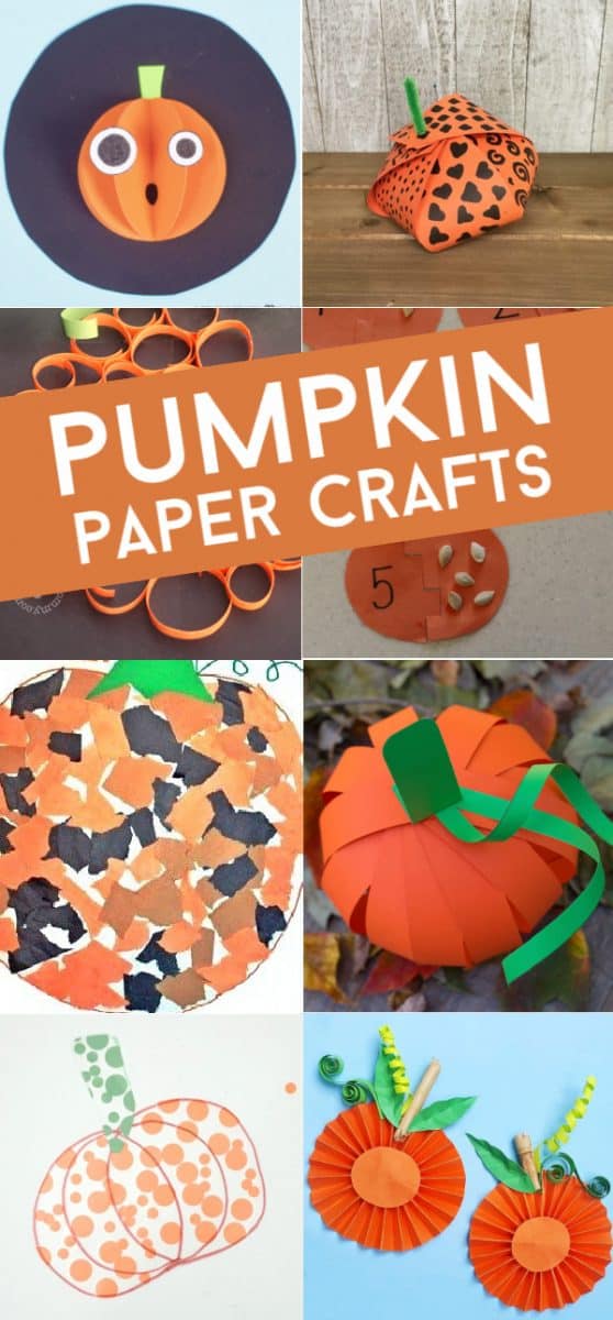 Images of pumpkin crafts. Text reads "Pumpkin paper crafts"
