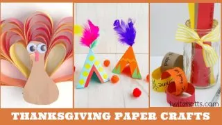 three pictures of Thanksgiving crafts made with construction paper.