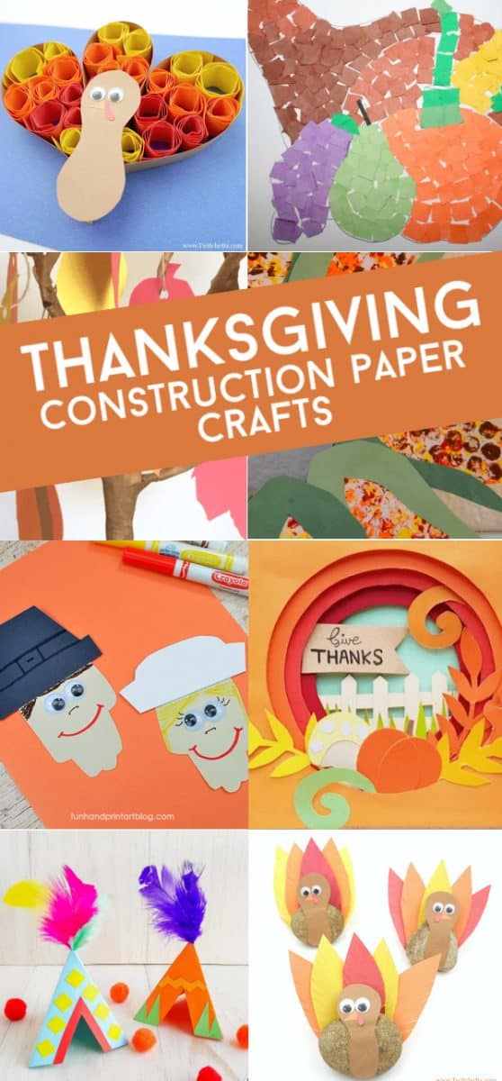 collage of several Thanksgiving construction paper crafts for kids #twitchetts #thanksgiving #constructionpapercrafts