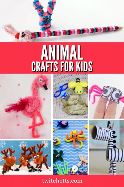 Several images of pipe cleaner animals. Text reads "Animal crafts for kids"