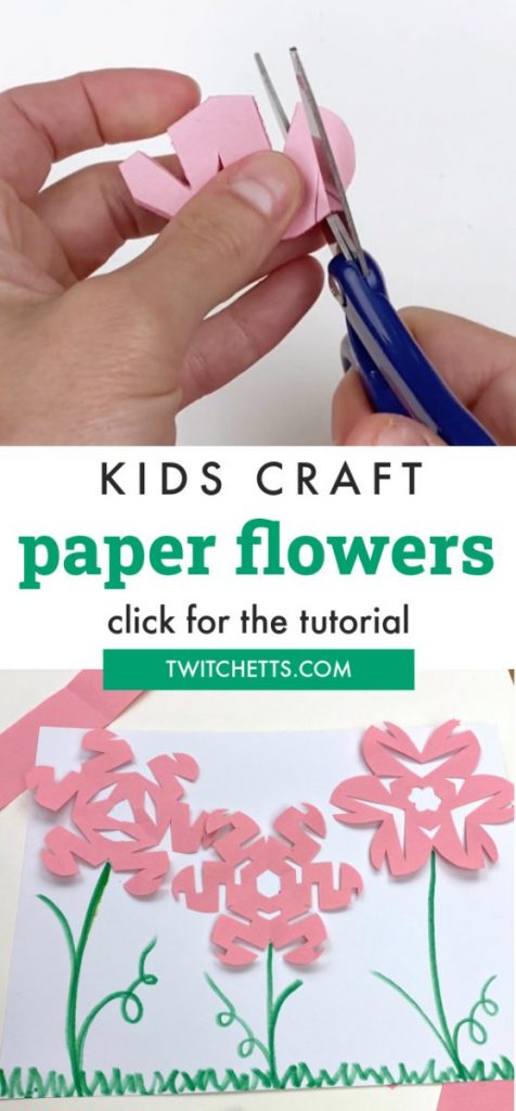 Flower crafts using the snowflake technique. Text reads "Kids Craft-Paper Flowers-Click for tutorial."