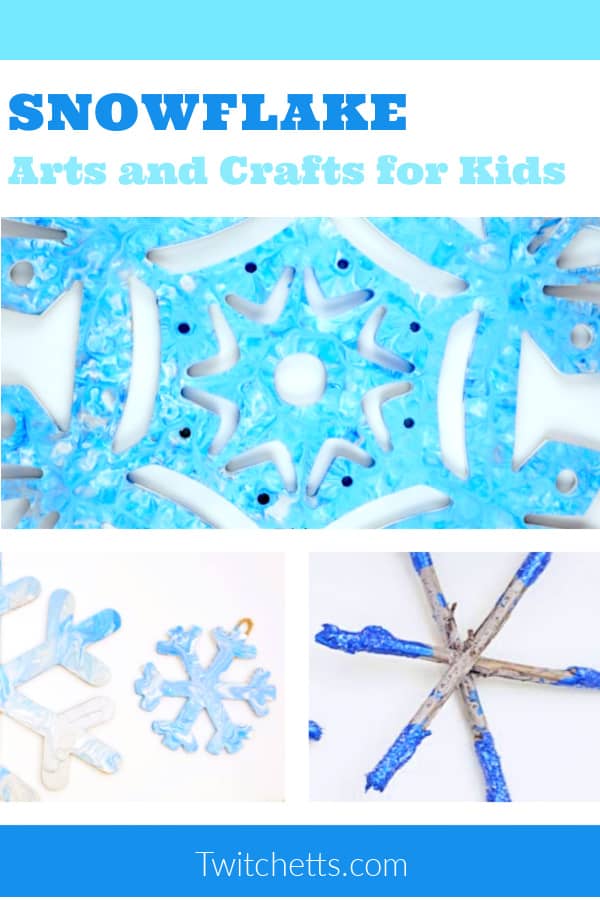 Three images of snowflake crafts. Text reads "Snowflake arts and crafts for kids"