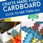 Images of cardboard crafts. Text reads "Crafts made from cardboard. Click to see them all"