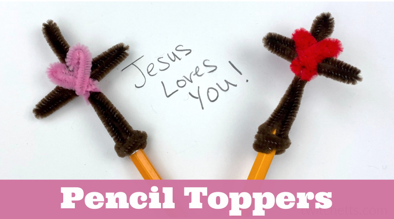 Image of cross pencil topper made with pipe cleaners.