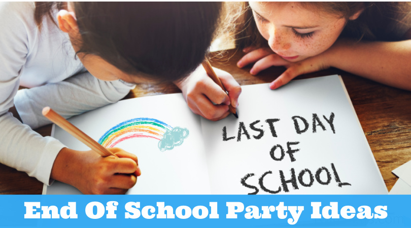 Two children coloring in a book. Text reads "End Of School Party Ideas"