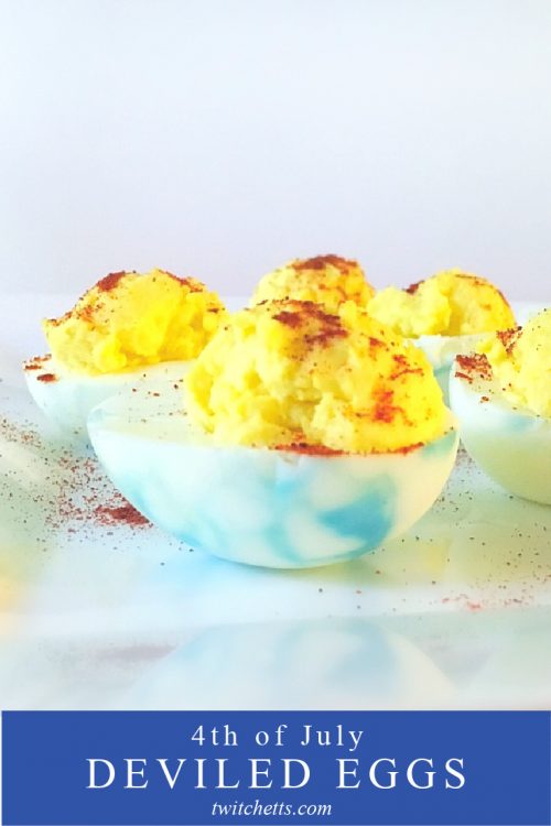 Image of red, white, and blue deviled eggs. Text Reads: "4th of July Deviled Eggs"