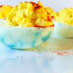 Image of red, white, and blue deviled eggs. Text Reads: "Red, White, and Blue Deviled Eggs"