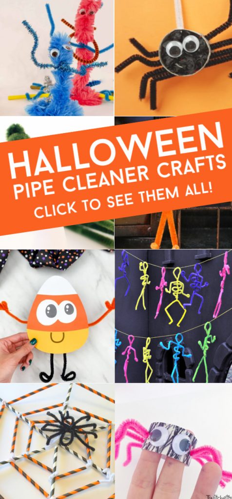 Images of Halloween crafts made from pipe cleaners. Text reads "Halloween Pipe Cleaner Crafts"