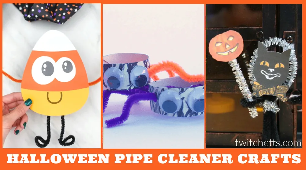 Images of Halloween crafts made from pipe cleaners. Text reads "Halloween Pipe Cleaner Crafts"