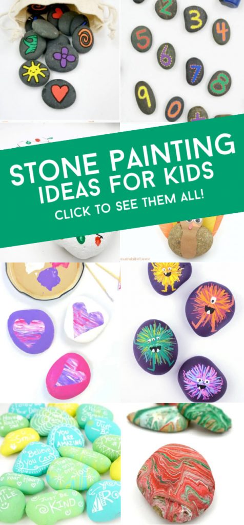 Images of painted rocks. Text Reads: "Stone Painting Ideas for Kids. Click to see them all!"