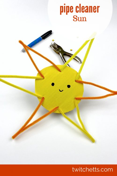Sun Craft made with pipe cleansers, cardboard, and construction paper. Text Reads: "Pipe Cleaner Sun"