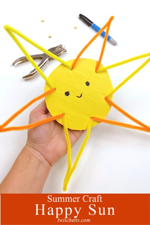 Sun Craft made with pipe cleansers, cardboard, and construction paper. Text Reads: "Summer Craft - Happy Sun"