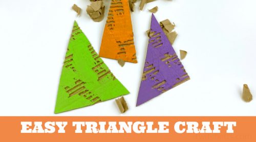 Cardboard triangles painted in secondary colors. Text reads: "Easy Triangle Craft"