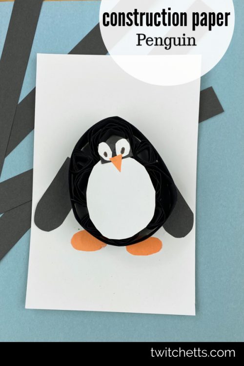 Quilled Paper Penguin Craft. Text Reads "construction paper penguin"