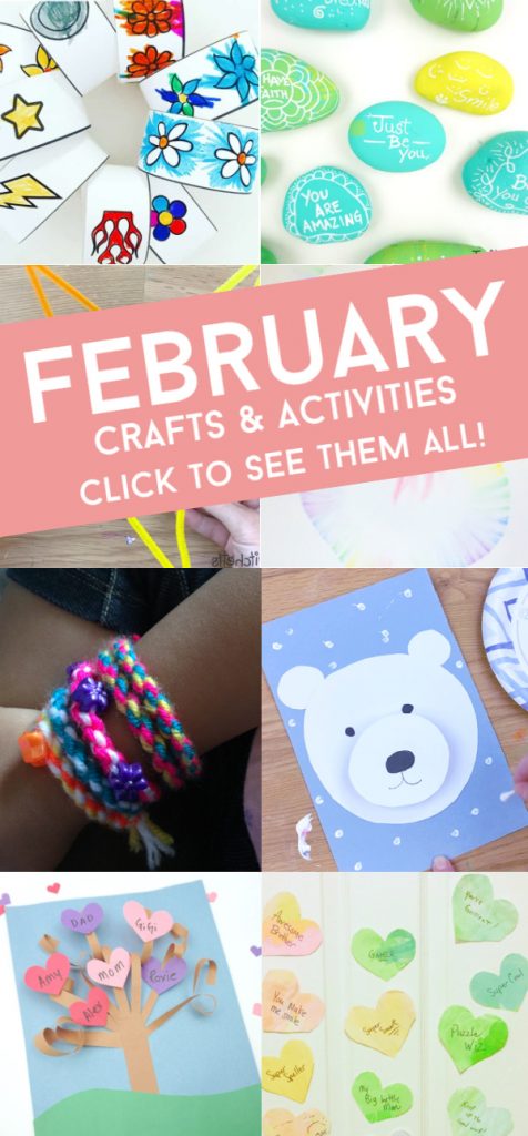 February Craft Ideas. Text Reads "February Crafts & Activities. Click to see them all!"