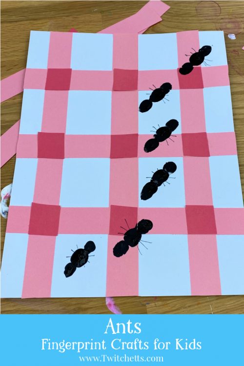 Picnic craft with fingerprint ants. Text reads "Ants - Fingerprint crafts for kids"