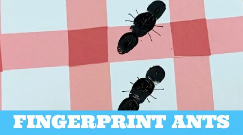 Picnic craft with fingerprint ants. Text reads "Fingerprint Ants