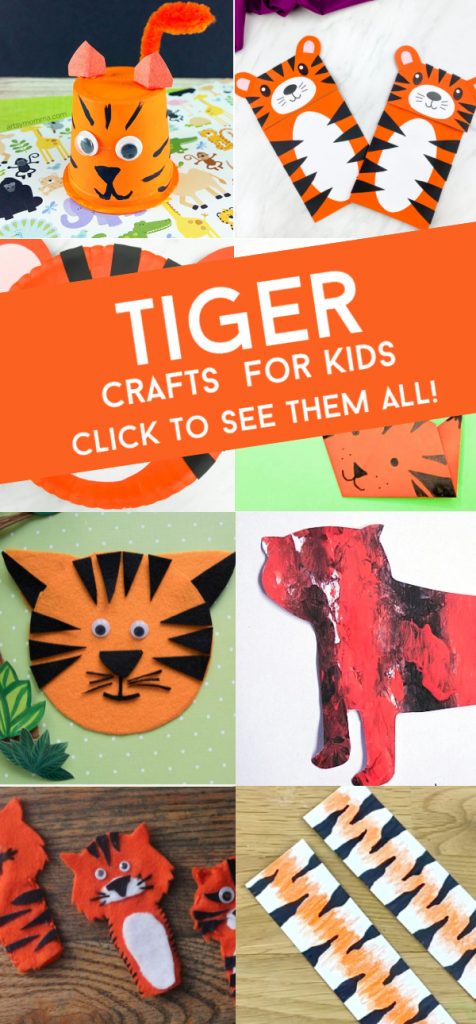 Images of tiger crafts. Text Reads "Tiger Crafts for Kids - Click to see them all!"