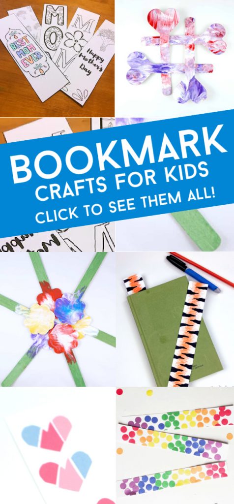 bookmarks. Text reads "bookmark crafts for kids