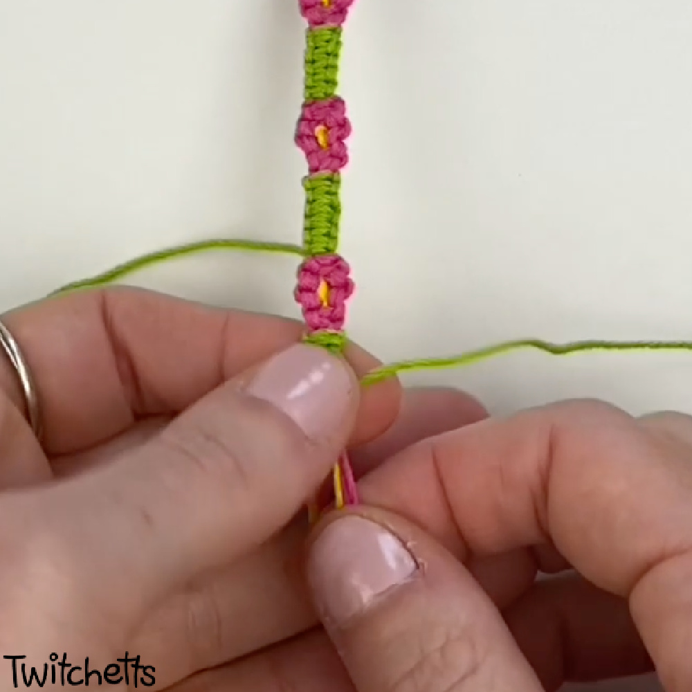 In process image of a flower friendship bracelet tutorial