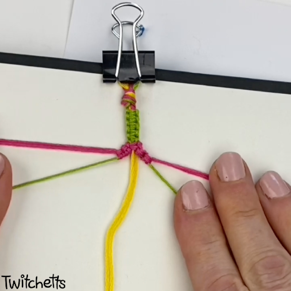 In process image of a flower friendship bracelet tutorial