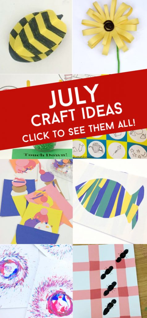 Ideas for fun July crafts for preschoolers. Text reads "July craft ideas"