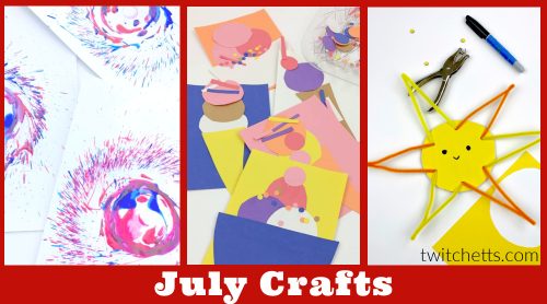 Ideas for fun July crafts for preschoolers. Text reads "July Crafts"