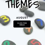 Painted rocks with numbers. Text reads "Preschool Themes - August"