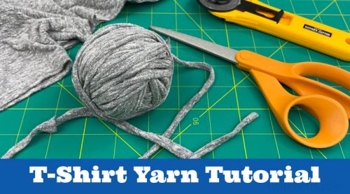 A ball of grey t-shirt yarn. Text reads "T-shirt yarn tutorial"