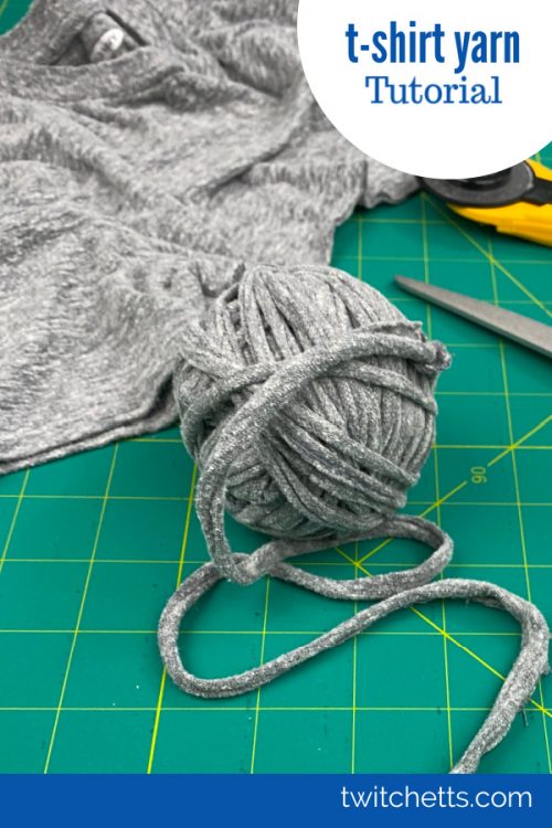 A ball of grey t-shirt yarn. Text reads "T-shirt yarn tutorial"