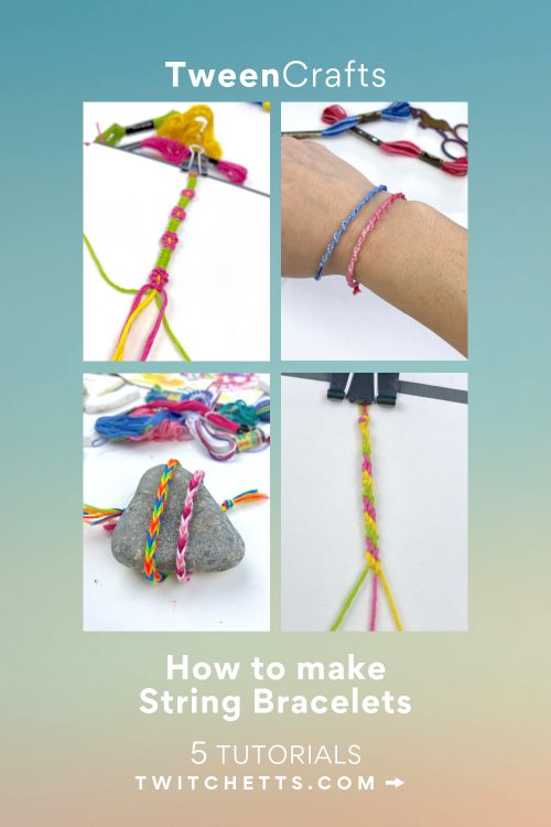 images of friendship bracelets. Text reads "tween crafts - how to make friendship bracelets"