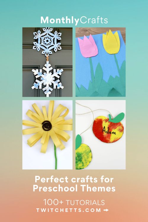 Images of preschool crafts. Text reads "Monthly Crafts - Perfect crafts for preschool themes"