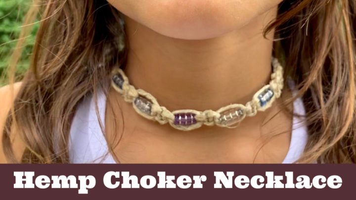 Girl wearing a hemp choker necklace with beds. Text reads 