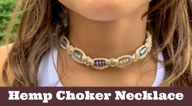 Girl wearing a hemp choker necklace with beds. Text reads "Hemp choker necklace"