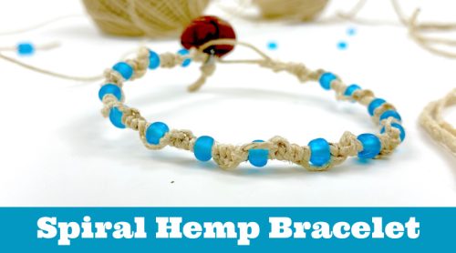 Hemp bracelet with blue beads. Text reads "Spiral hemp bracelet"