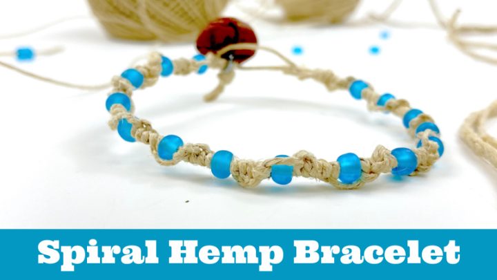 Hemp bracelet with blue beads. Text reads 