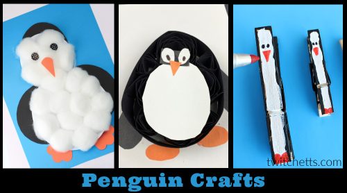 Images of penguin crafts. Text reads "Penguin Crafts