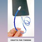A charging cord wrapped in embroidery thread. Text reads "Custom Phone Charger - Crafts for tweens"