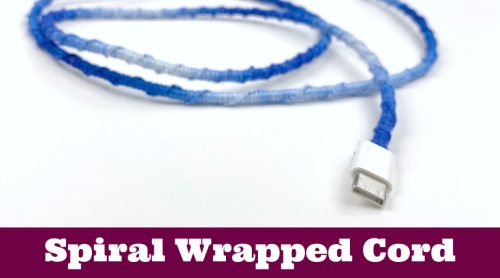 A charging cord wrapped in embroidery thread. Text reads "DIY cord wrap"