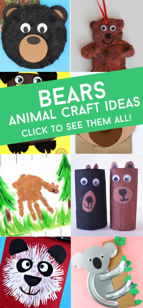 Images of bear crafts. Text reads "Bears - Animal craft ideas"