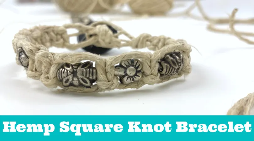 Hemp bracelet with beads. Text reads "Hemp square knot bracelet"