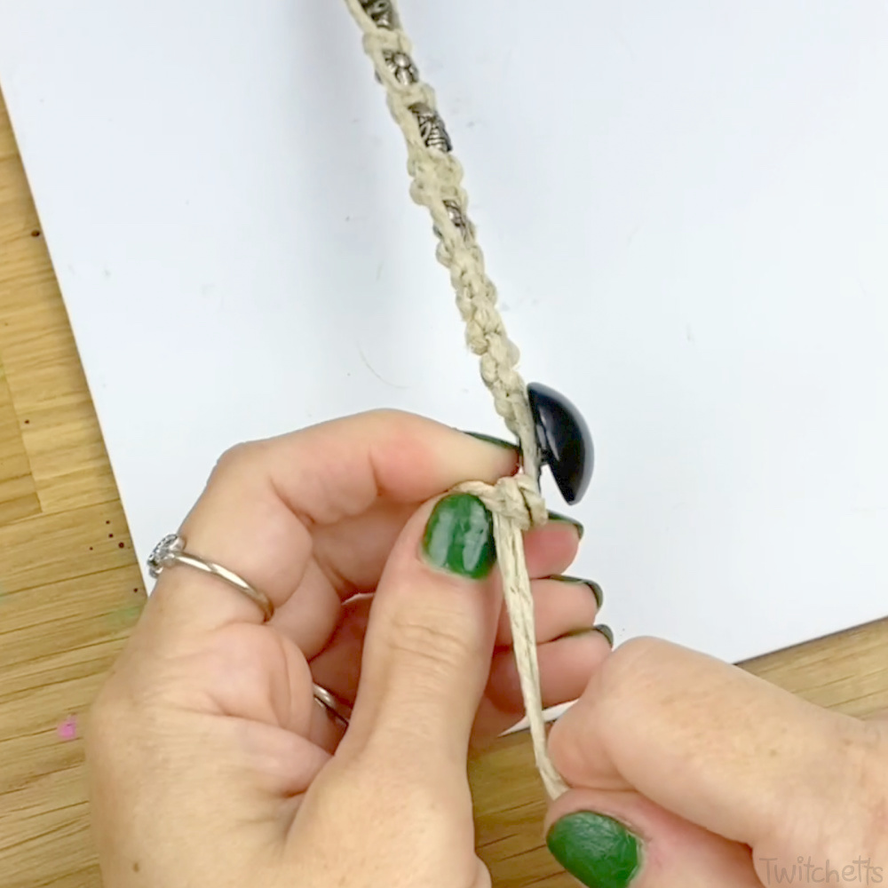 In process image of a Hemp square knot bracelet