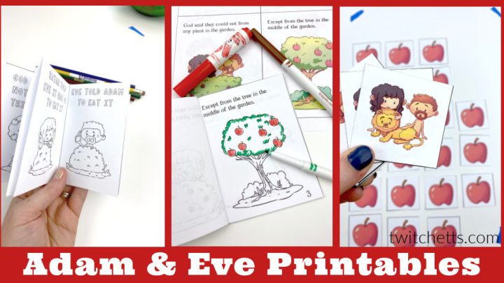 Images of printable Adam and Eve activities. Text reads 
