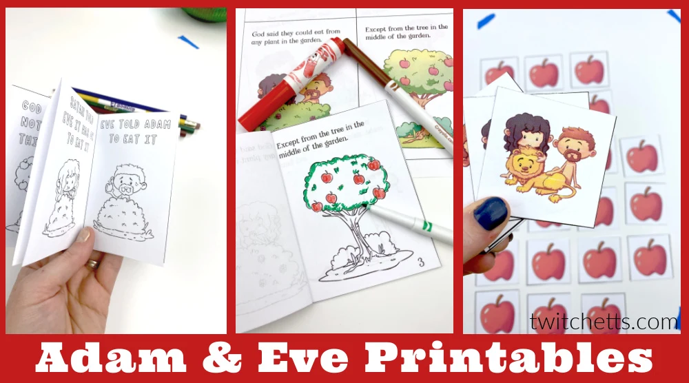 Images of printable Adam and Eve activities. Text reads "Adam and Eve Printables"