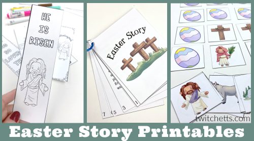 Images of printable Easter story activities. Text reads "Easter Story Printables"