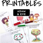Adam and Eve story cards. Text reads "Sunday School Printables - Adam & Eve"